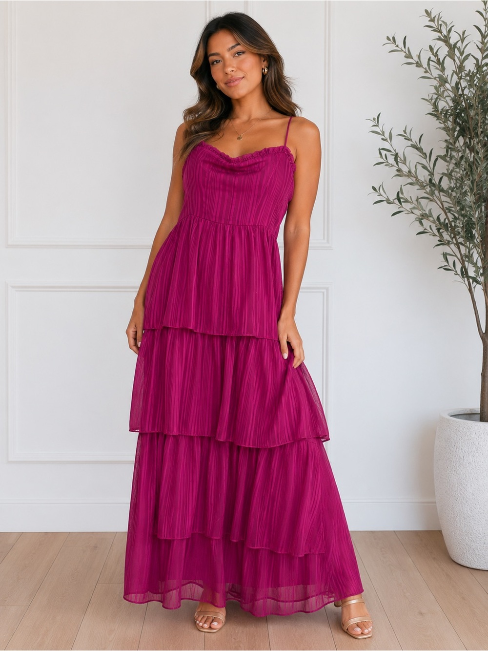 BCBGMaxAzria Magenta Tiered Spaghetti-Strap Maxi Dress